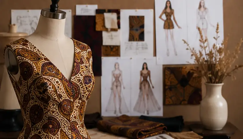 A printed dress on a dressmaker's mannequin, with fashion sketches and fabric swatches pinned behind it