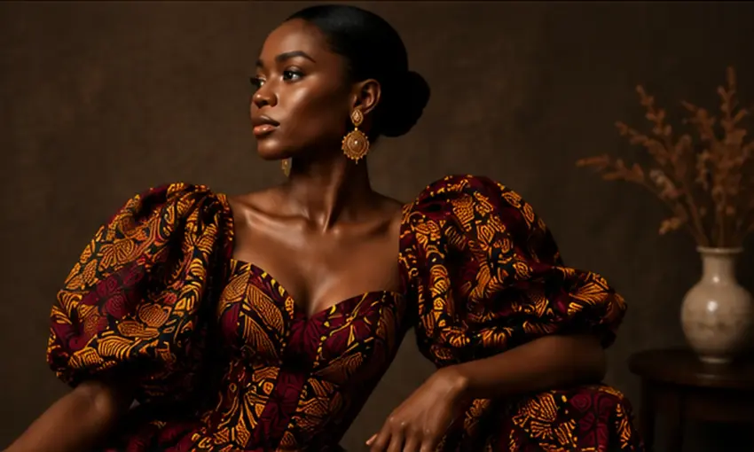 A woman in a printed dress with full puffed sleeves, seated in a dark room beside a vase of dried flowers