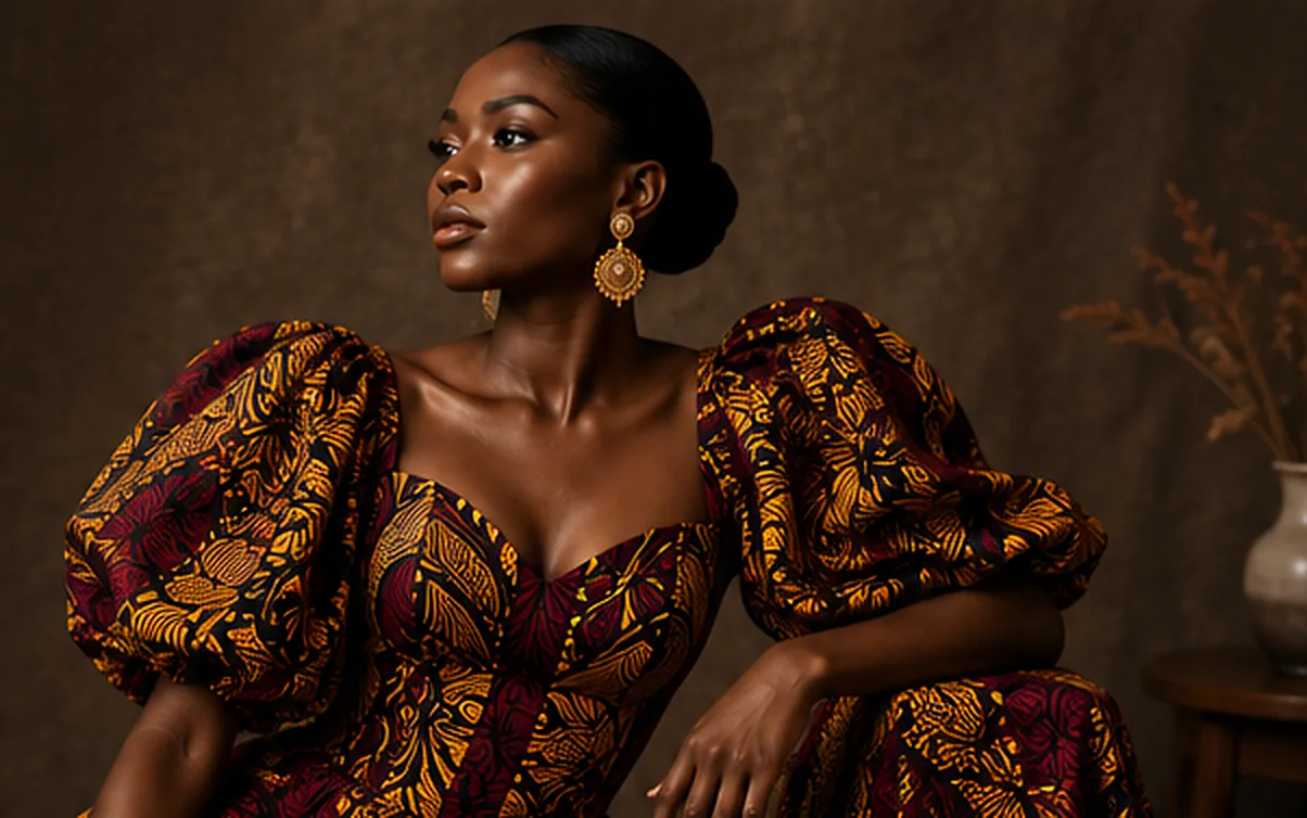 A woman in a red and gold printed dress with full puffed sleeves, seated in a dark room