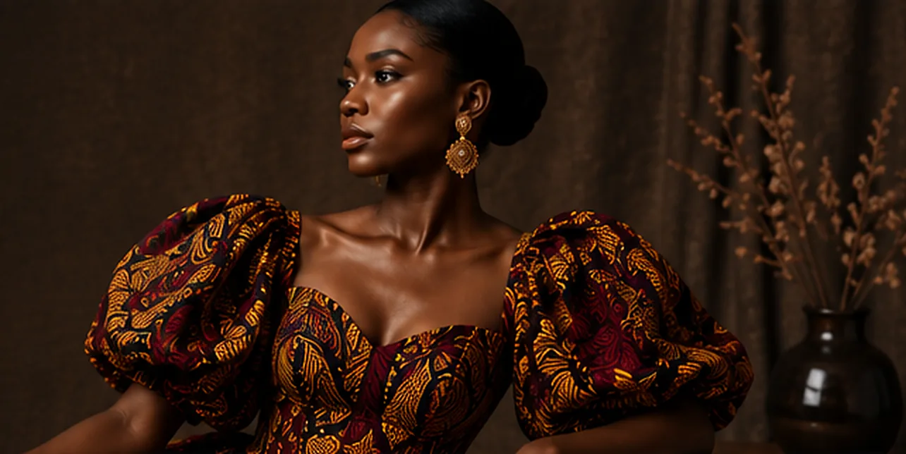 A woman in a red and gold printed dress with full puffed sleeves, beside a dark vase of dried branches