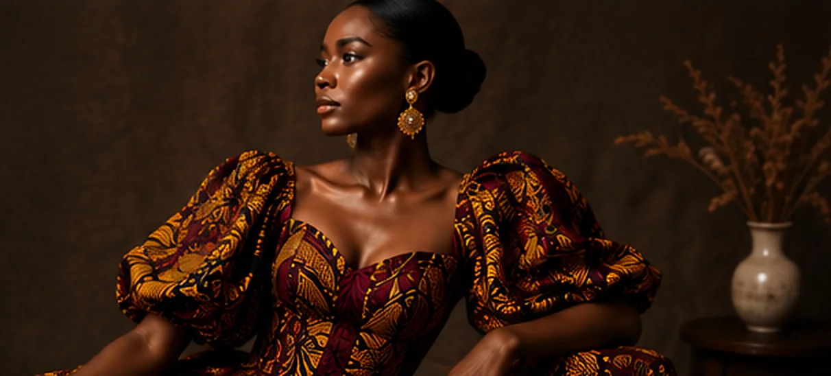 A woman in a red and gold printed dress with full puffed sleeves, seated in a dark room beside a vase of dried flowers