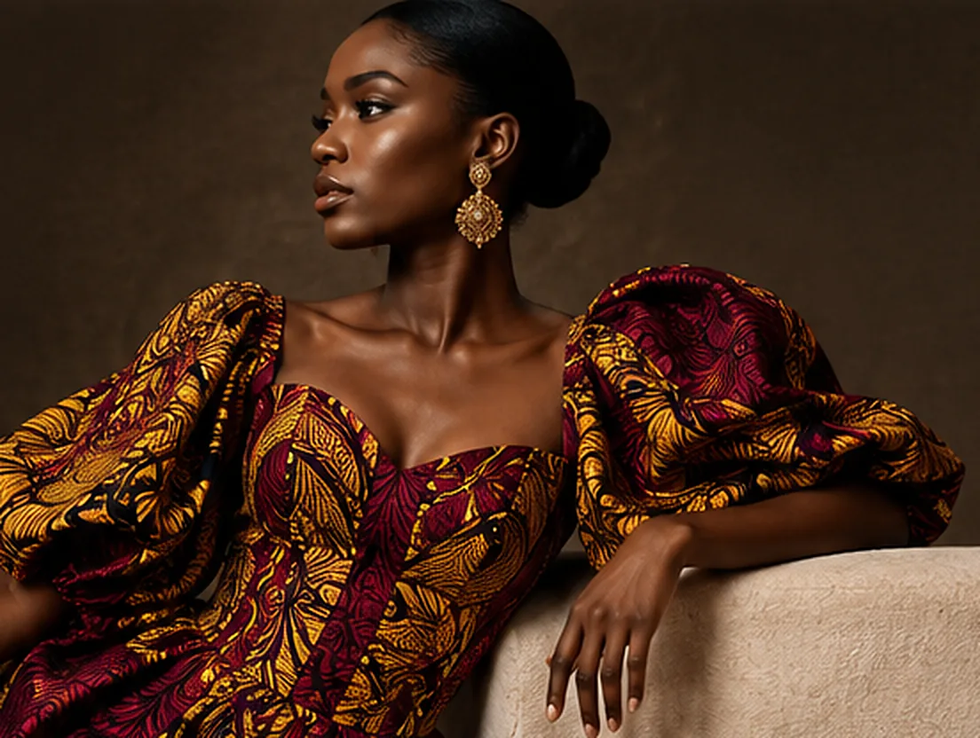 A woman in a red and gold printed dress with full puffed sleeves, leaning on a cream sofa