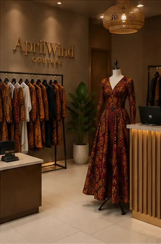The AprilWind Couture studio: printed pieces on a rail and a long printed dress on a mannequin